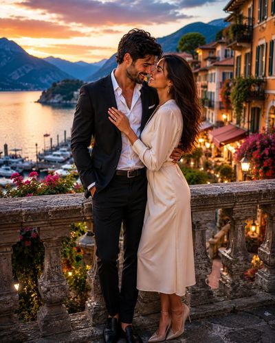 A couple shares a tender moment in a Mediterranean sunset village