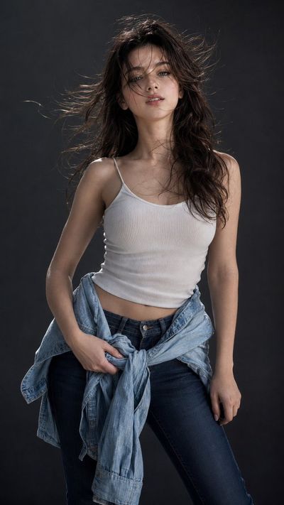 Windblown woman in denim jacket poses with rebellious sensuality.
