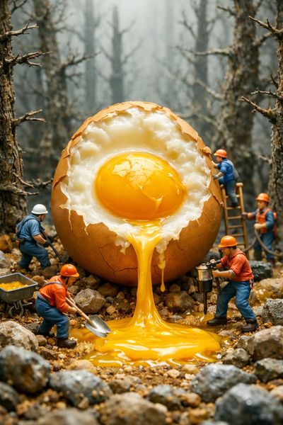 Surreal Egg in Foggy Forest: A Miniature Scene of Workers and Yolk