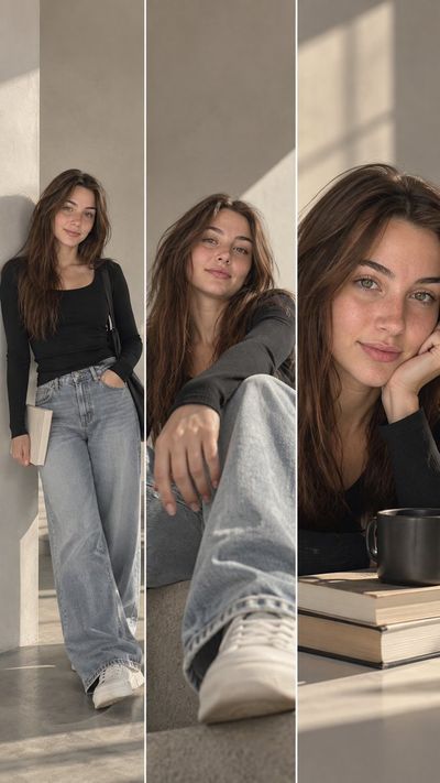 Young Woman in Sunlit Minimalist Interior Wearing Black Top and Jeans