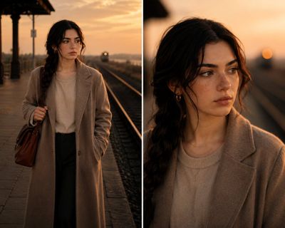 Auburn-haired woman in beige coat stands on railway platform at sunset