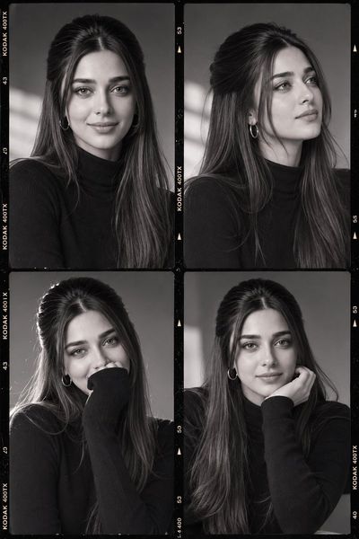 A model in black turtleneck poses in four intimate portraits