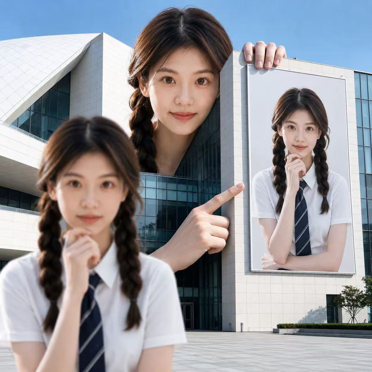 Three versions of a woman create surreal scale illusion in plaza