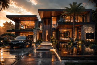 A modern luxury house glows under dramatic sunset sky with reflections