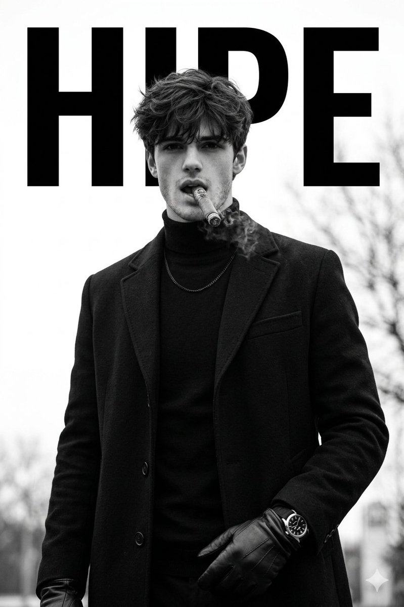 Sharp-jawed man in black coat smokes cigar outdoors