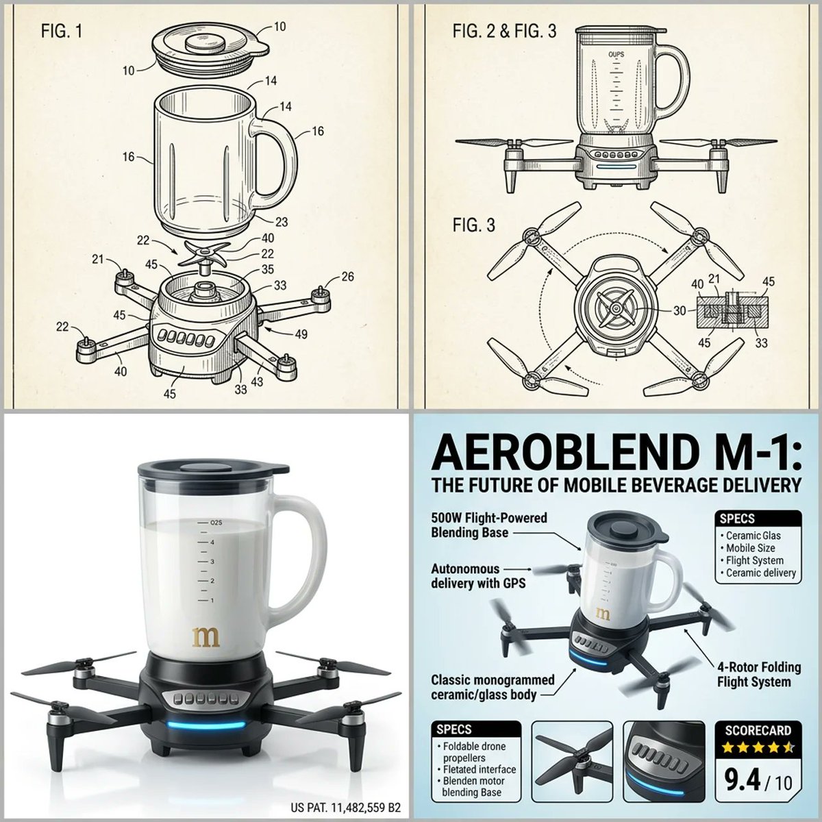 Absurd Drone Mug Blender Invention Shown in Patent and Apple Style