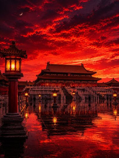 Crimson sunset illuminates Forbidden City's wet marble courtyard after rain