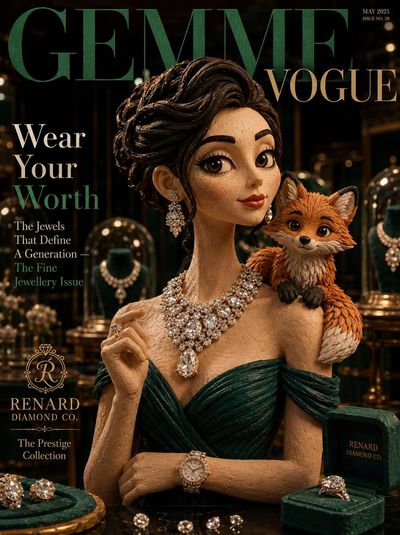 A claymation woman wears an oversized diamond necklace with a fox kit