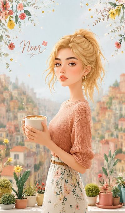 Noor sips coffee on a sunny balcony with floating petals