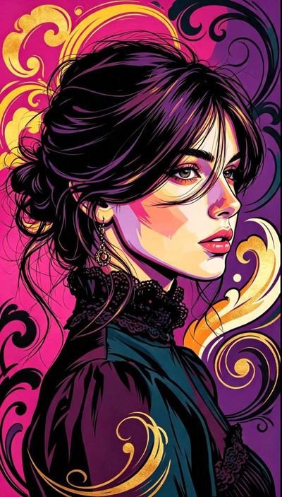 A pop art woman with swirling magenta hair and golden accents
