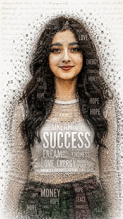 Typographic portrait of a smiling woman built from empowering words