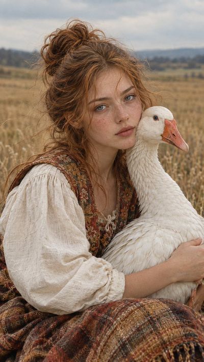 A Woman in Folk Attire Embraces a White Goose in a Golden Field