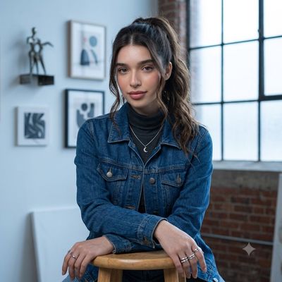 Woman in denim jacket sits in sunlit artist studio