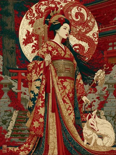 Elegant woman in red kimono stands beneath autumn moon