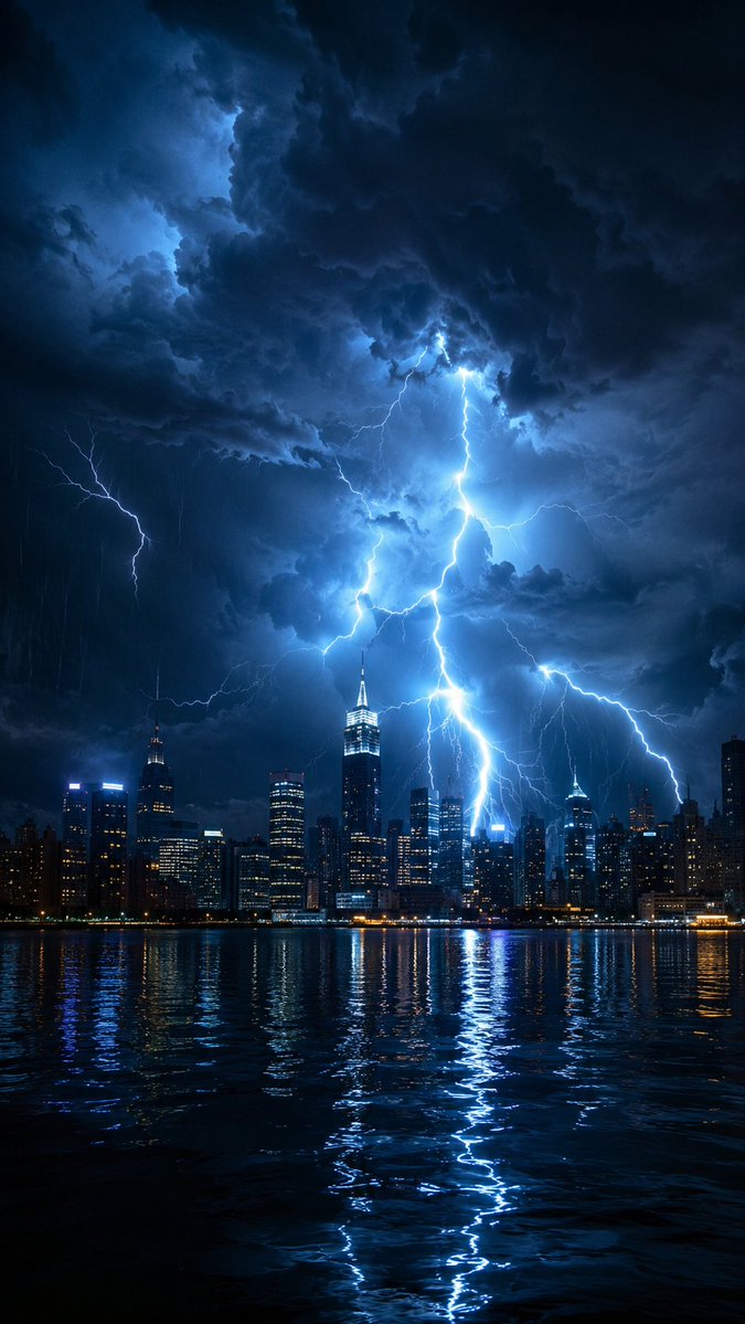 Thunderstorm unleashes brilliant lightning over a dark city skyline