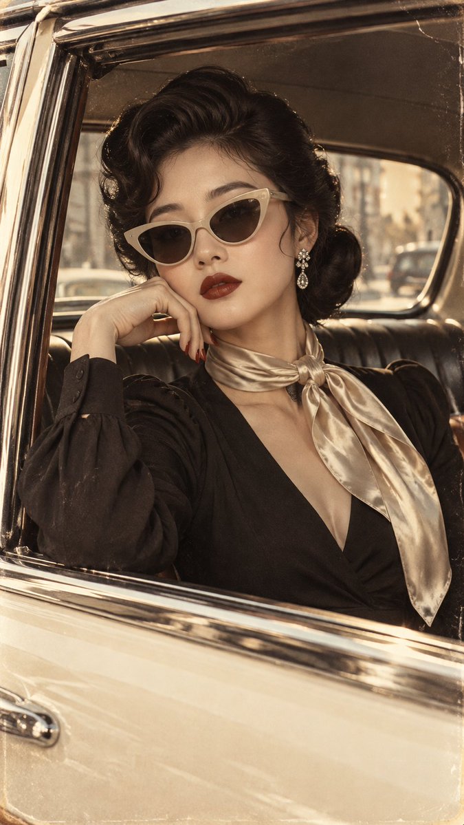 Vintage portrait of a woman with cat-eye glasses and silk scarf