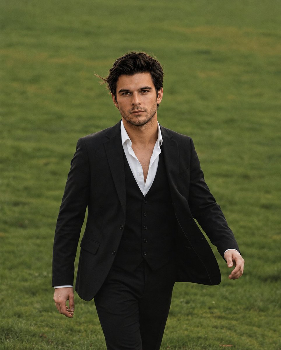 A handsome man strides through a golden field in a tailored black suit.