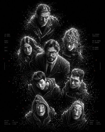 White particles form a futuristic silhouette against black void