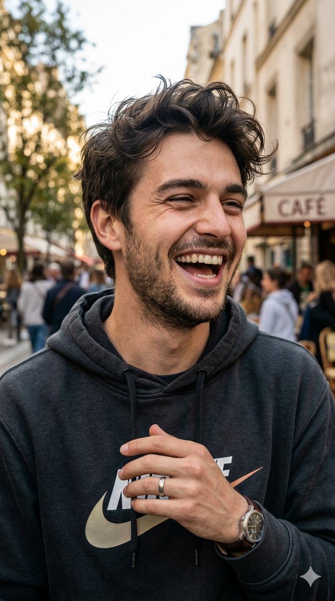 Laughing man on Paris street transforms from photo to pencil sketch