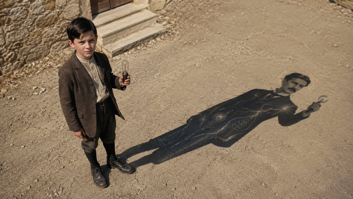 A young boy's shadow transforms into Nikola Tesla's iconic silhouette
