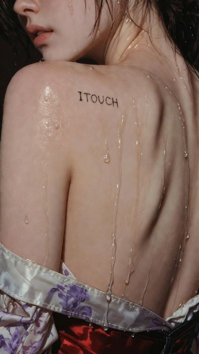 Photorealistic Portrait of a Korean Woman with Wet Skin and Subtle Tattoo