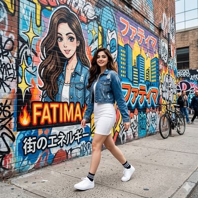 Young woman in denim jacket walks past vibrant graffiti mural