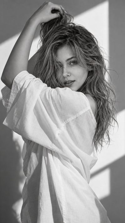 Monochrome windowlight fashion portrait of a woman in oversized blouse