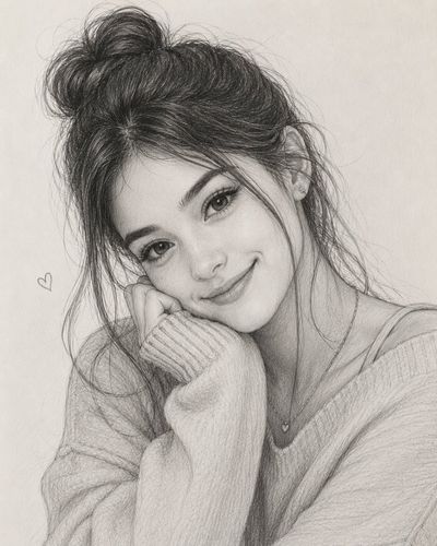 Young woman with messy bun smiles gently in a pencil sketch