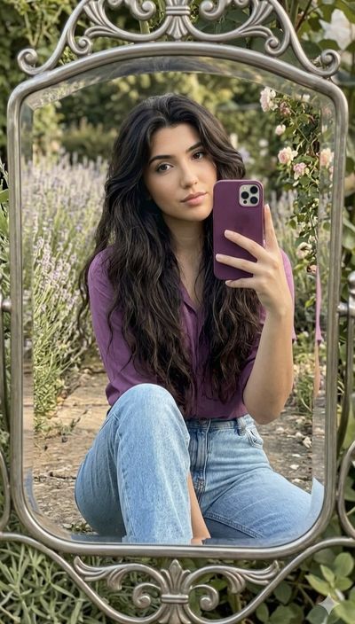 Woman captures mirror selfie among lavender rows in garden