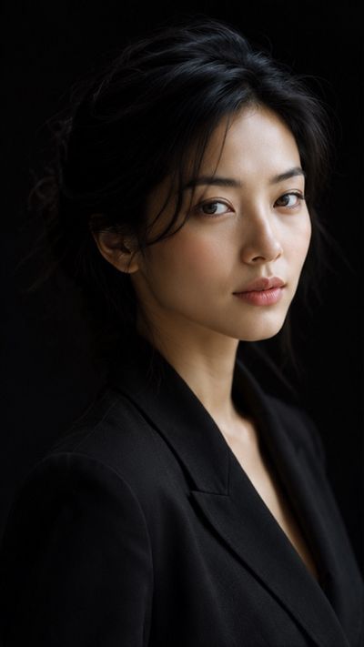 East Asian woman in black suit exudes quiet confidence in studio portrait