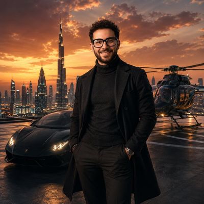 A confident man in black stands beside a supercar at sunset