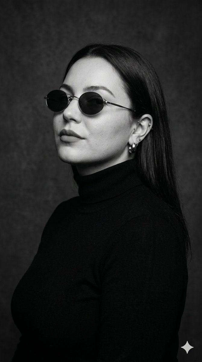 Elegant woman in black turtleneck poses with minimalist sunglasses