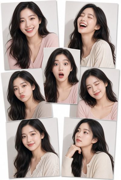 Seven expressive portraits of a young woman arranged in a cheerful collage
