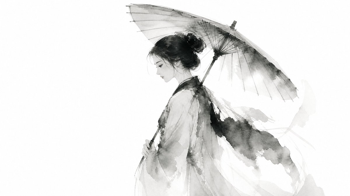 A solitary mountain peak emerges through misty ink wash strokes