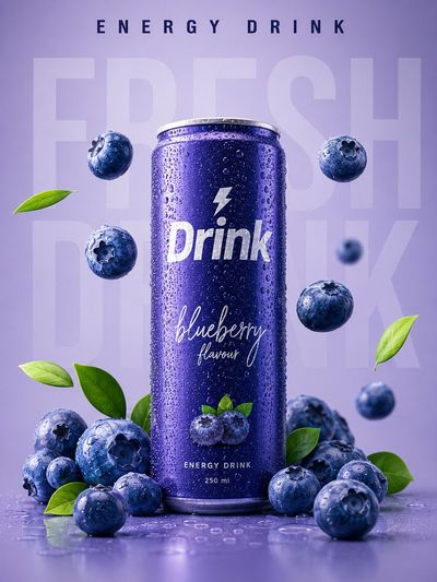 Chilled blueberry energy drink stands against soft lavender backdrop