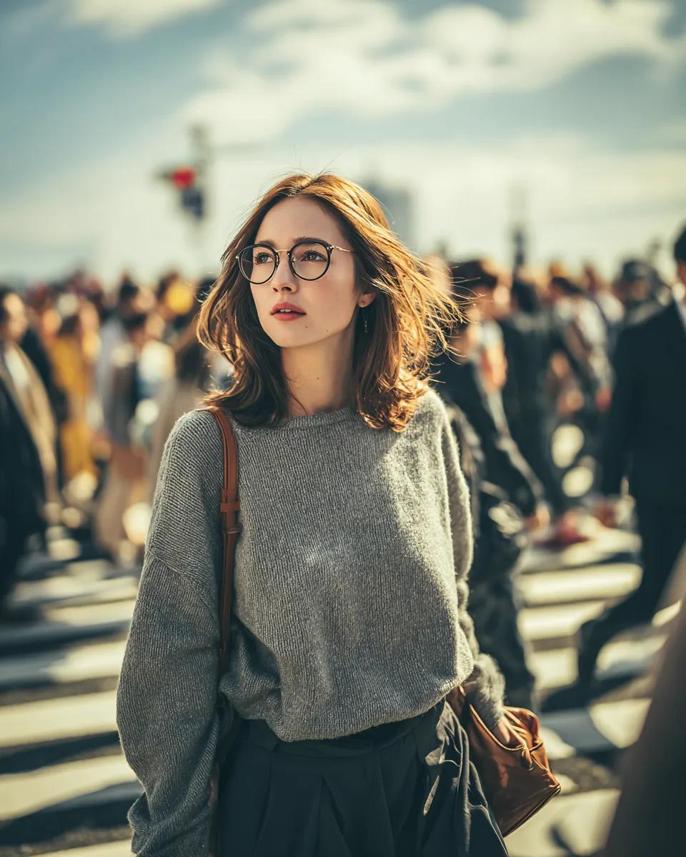 Fashionable Woman Navigates Urban Crosswalk Amidst Crowd