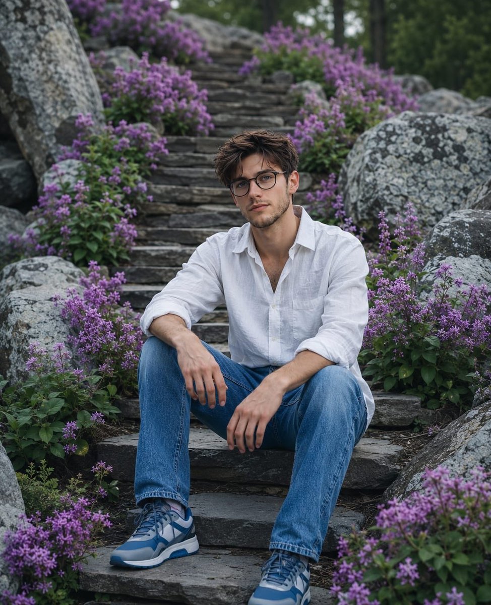 Young man sits on stone steps surrounded by purple wildflowers