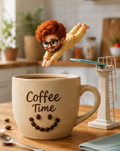 A chibi man in yellow pajamas dives into a giant coffee mug