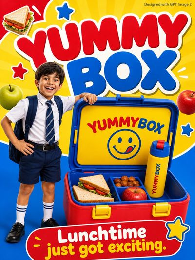 Smiling boy stands beside giant lunchbox filled with tasty food