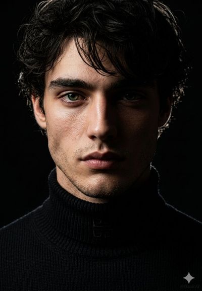 A model in split lighting wears a structured turtleneck