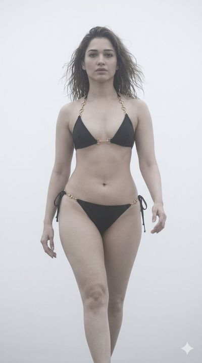 A model emerges from a foggy beach morning haze