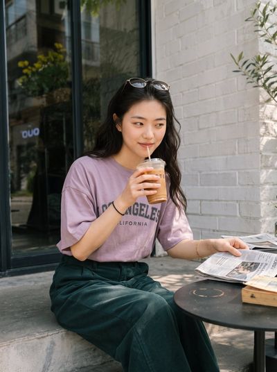 Candid portrait of woman reading newspaper on sunny cafe step