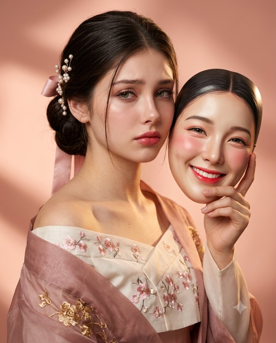 Sad Korean Woman Holds Joyful Mask in Cinematic Portrait