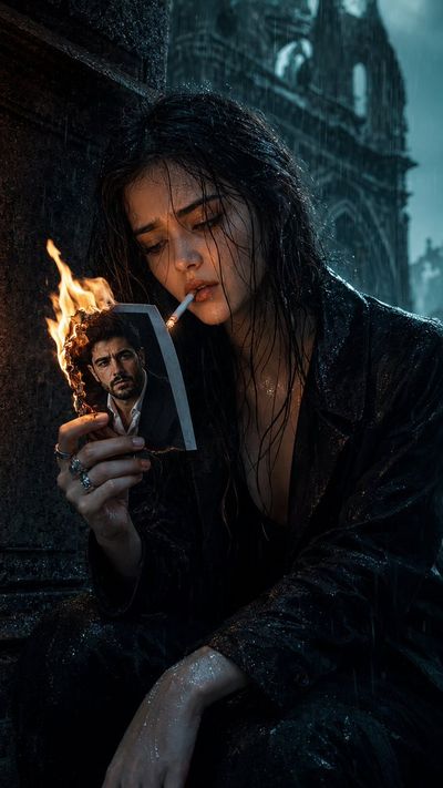 A man crouches in rain burning a photograph to light his cigarette