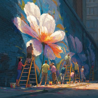 Colorful Collaboration: Street Artists Creating a Flower Mural
