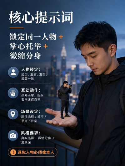 A miniature version of yourself stands in your open palm