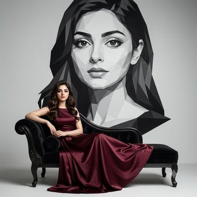A woman in burgundy satin poses before her geometric portrait