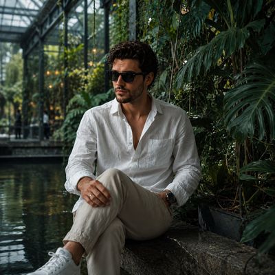 A handsome man in sunglasses sits by a pond in a glass greenhouse