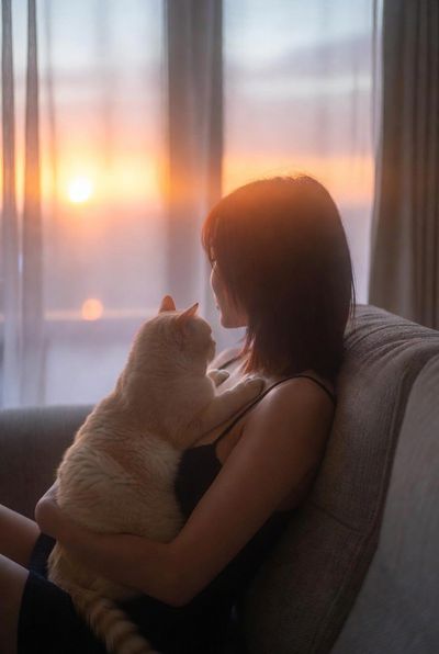 Quiet Sunset Moment: J-Pop Girl and Cat in Soft Light