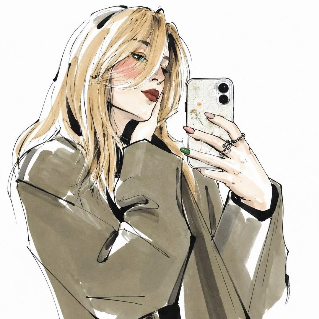 Elegant high-fashion portrait with bold ink contours and flat marker colors